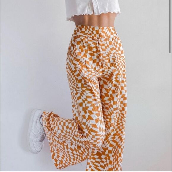 Free People Menorca Mustard Psychedelic Check Wide-Leg Cropped Pants 0 - Picture 1 of 10